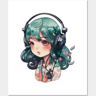 Cute headphone anime girl Posters and Art